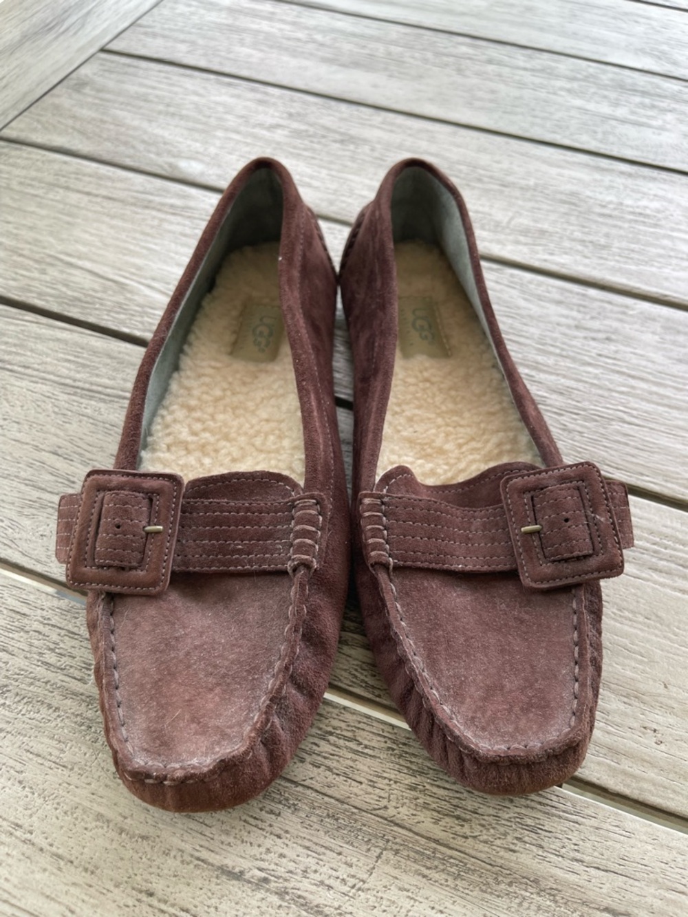 UGG Women's Chestnut Suede Shearling-Lined Driving Moccasins with Buckle Size 9